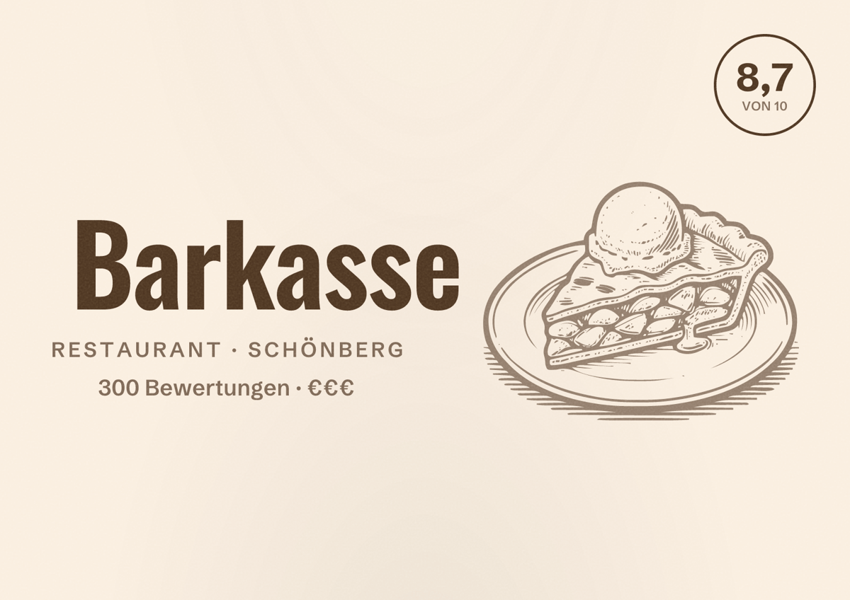Illustriertes Poster von Barkasse, Restaurant in Schönberg: Bewertung 8,7 von 10 aus 300 Bewertungen, Preisniveau €€€