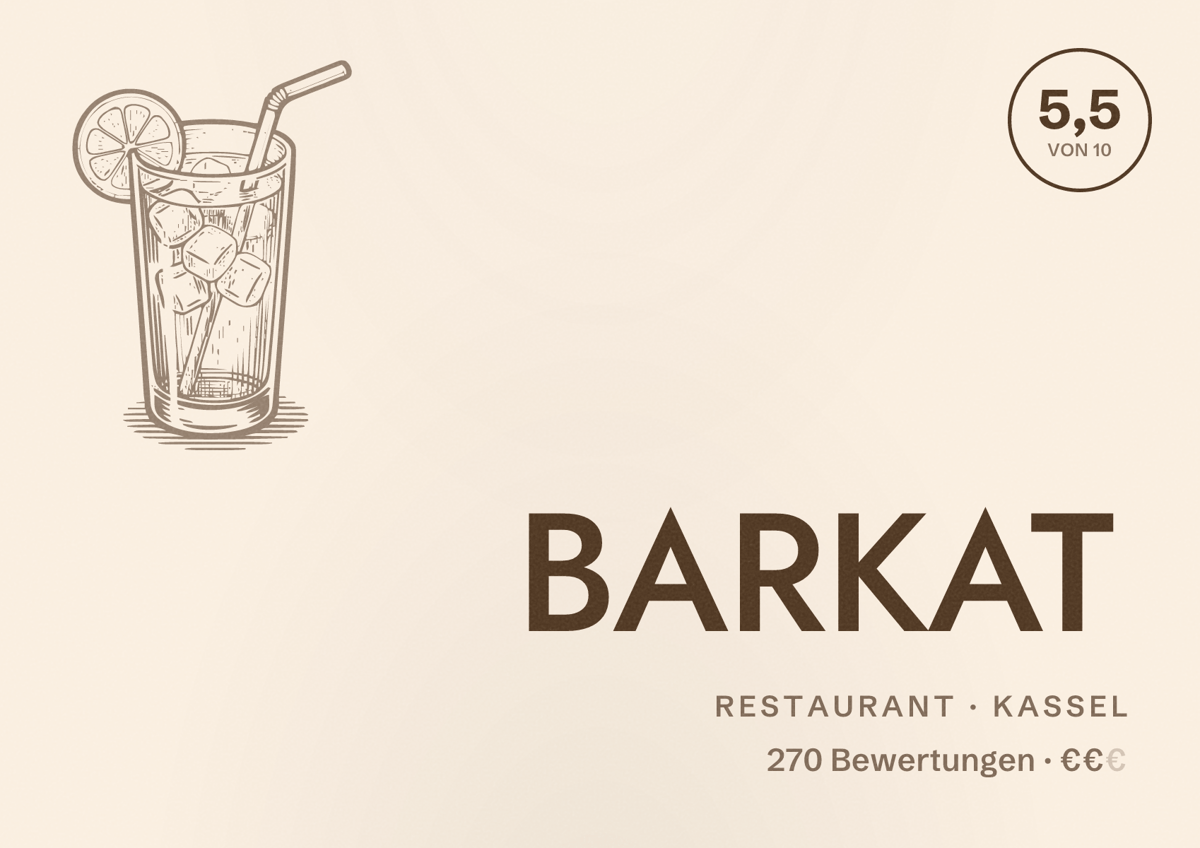 Illustriertes Poster von BARKAT, Restaurant in Kassel: Bewertung 5,5 von 10 aus 270 Bewertungen, Preisniveau €€