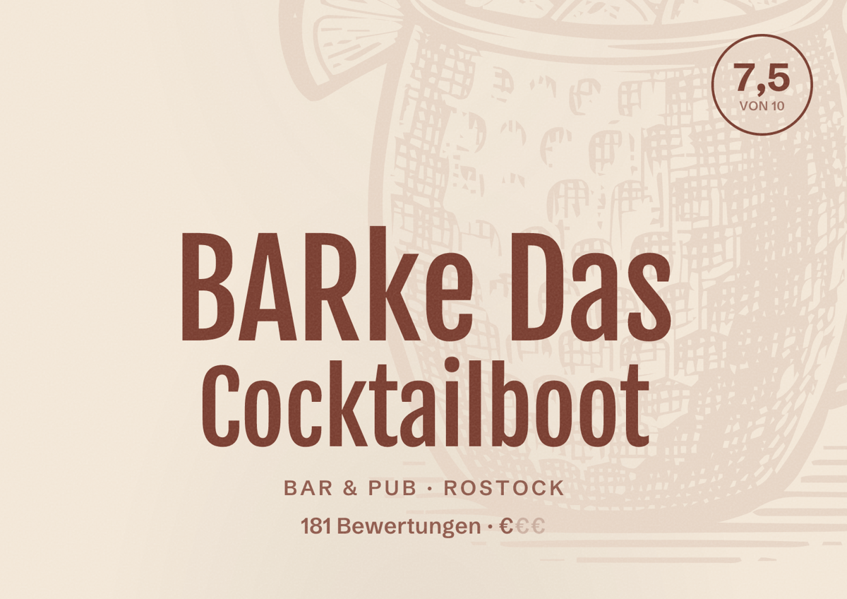 Illustriertes Poster von BARke Das Cocktailboot, Bar & Pub in Rostock: Bewertung 7,5 von 10 aus 181 Bewertungen, Preisniveau €