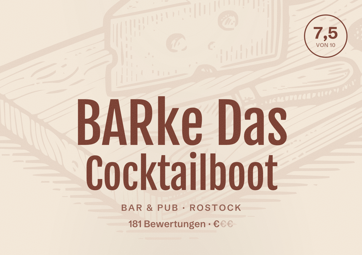 Illustriertes Poster von BARke Das Cocktailboot, Bar & Pub in Rostock: Bewertung 7,5 von 10 aus 181 Bewertungen, Preisniveau €