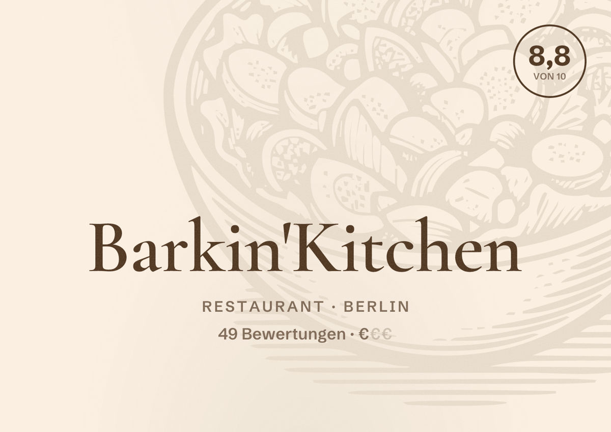 Illustriertes Poster von Barkin'Kitchen, Restaurant in Berlin: Bewertung 8,8 von 10 aus 49 Bewertungen, Preisniveau €