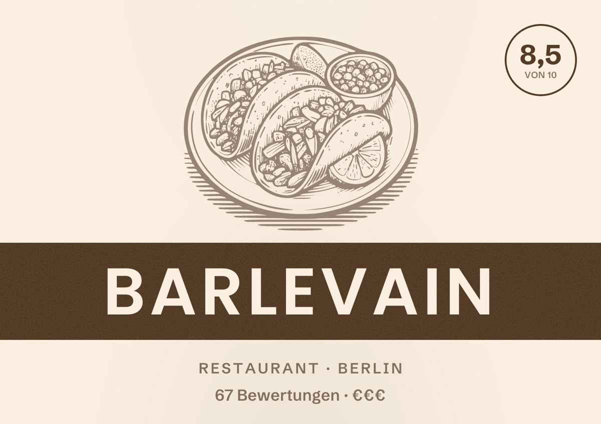 Illustriertes Poster von barlevain, Restaurant in Berlin: Bewertung 8,5 von 10 aus 67 Bewertungen, Preisniveau €€€