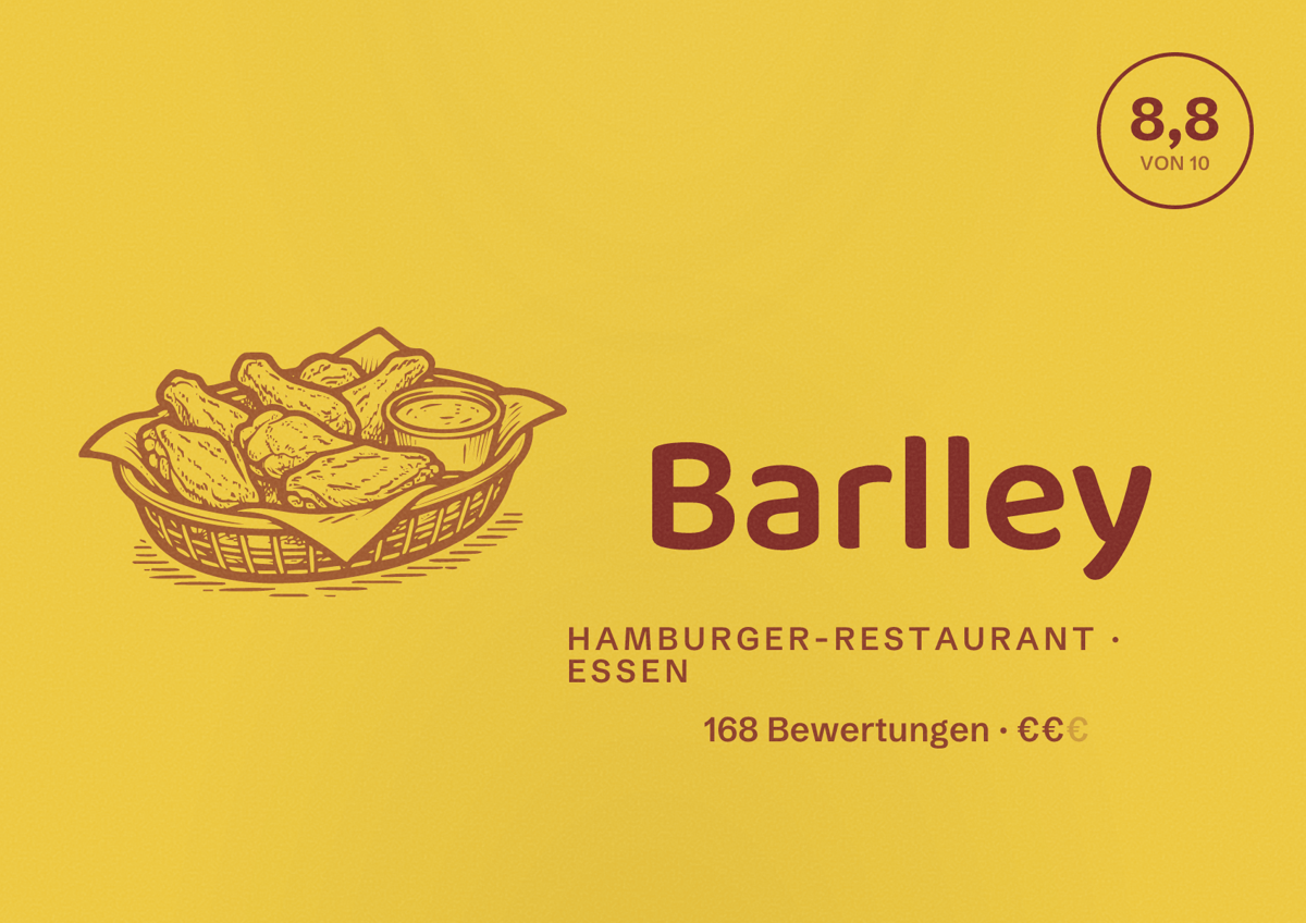 Illustriertes Poster von Barlley, Hamburger-Restaurant in Essen: Bewertung 8,8 von 10 aus 168 Bewertungen, Preisniveau €€