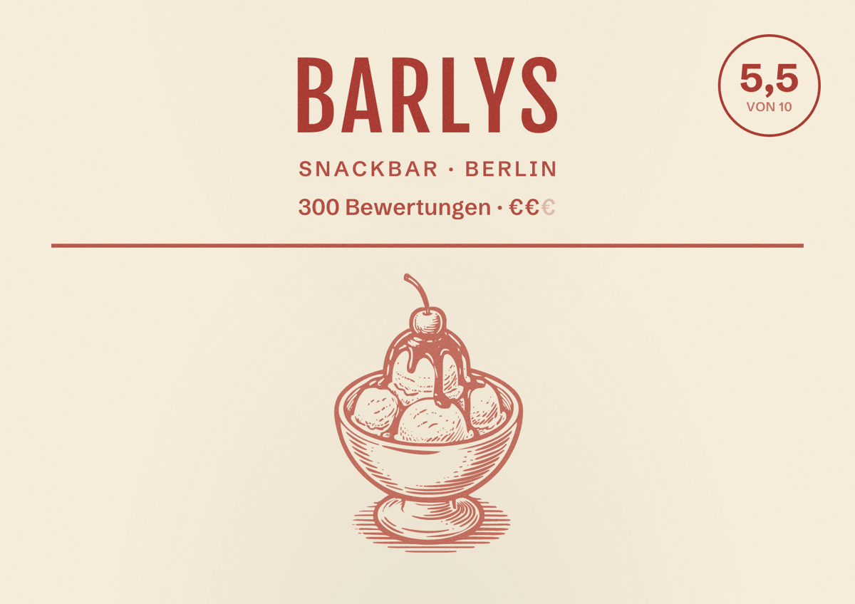 Illustriertes Poster von Barlys, Snackbar in Berlin: Bewertung 5,5 von 10 aus 300 Bewertungen, Preisniveau €€