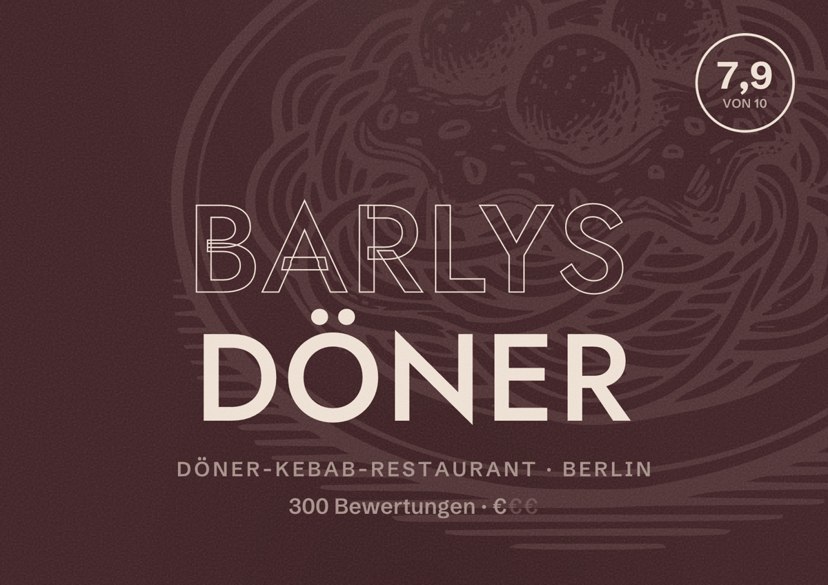 Illustriertes Poster von Barlys Döner, Döner-Kebab-Restaurant in Berlin: Bewertung 7,9 von 10 aus 300 Bewertungen, Preisniveau €