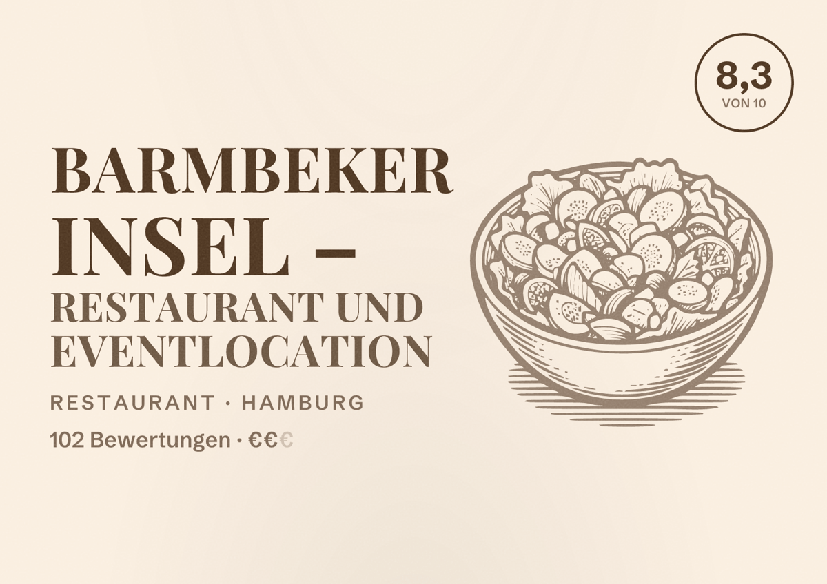 Illustriertes Poster von Barmbeker Insel – Restaurant und Eventlocation, Restaurant in Hamburg: Bewertung 8,3 von 10 aus 102 Bewertungen, Preisniveau €€