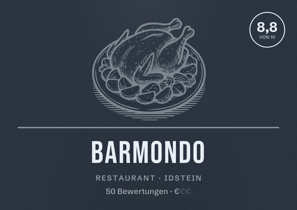 Illustriertes Poster von Barmondo, Restaurant in Idstein: Bewertung 8,8 von 10 aus 50 Bewertungen, Preisniveau €