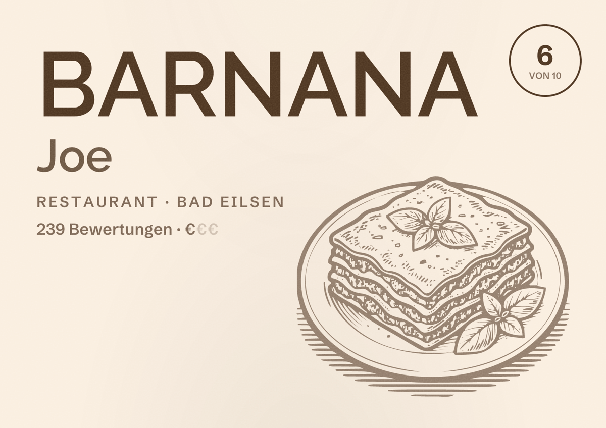 Illustriertes Poster von BARNANA Joe, Restaurant in Bad Eilsen: Bewertung 6 von 10 aus 239 Bewertungen, Preisniveau €