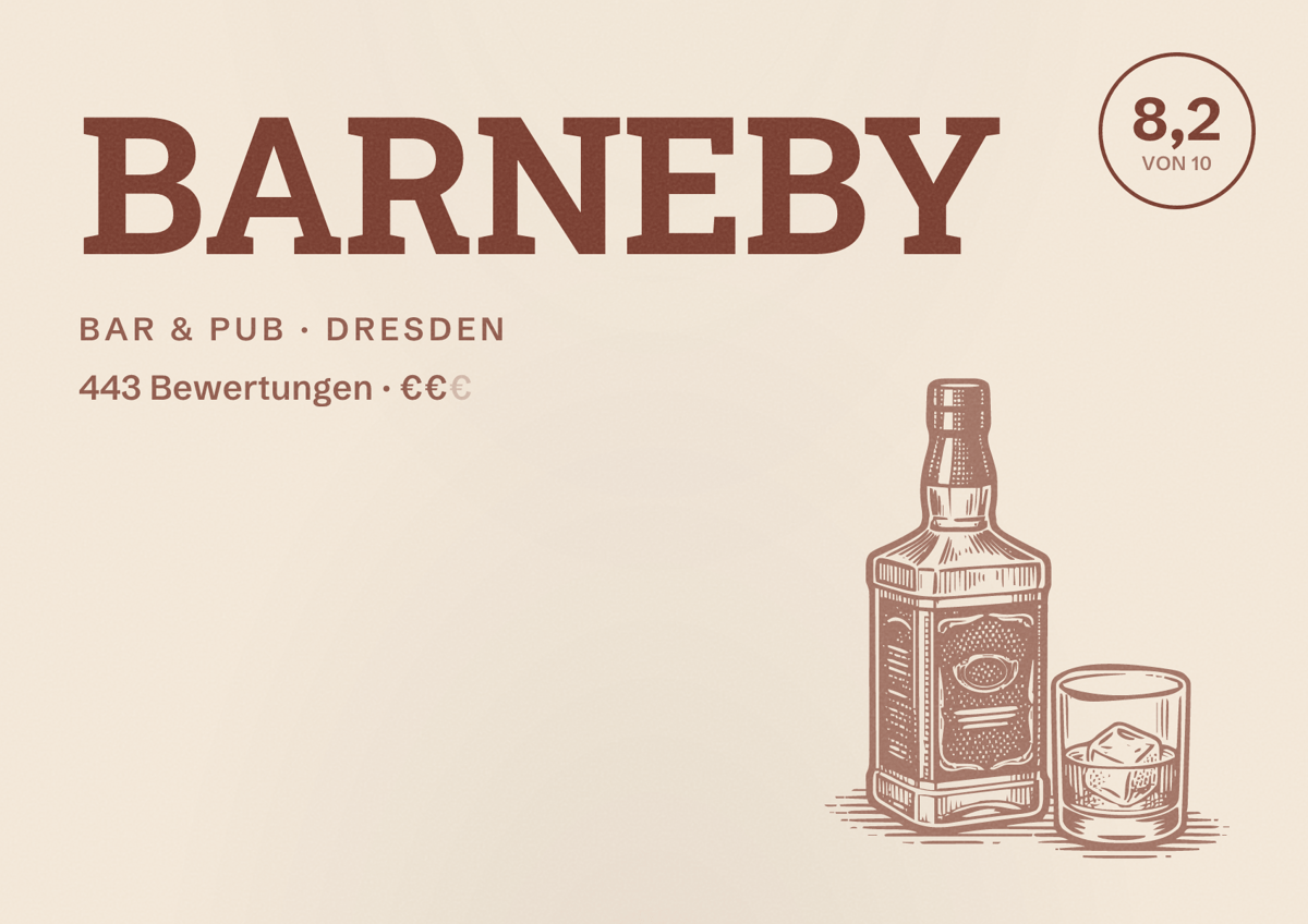 Illustriertes Poster von BARNEBY, Bar & Pub in Dresden: Bewertung 8,2 von 10 aus 443 Bewertungen, Preisniveau €€