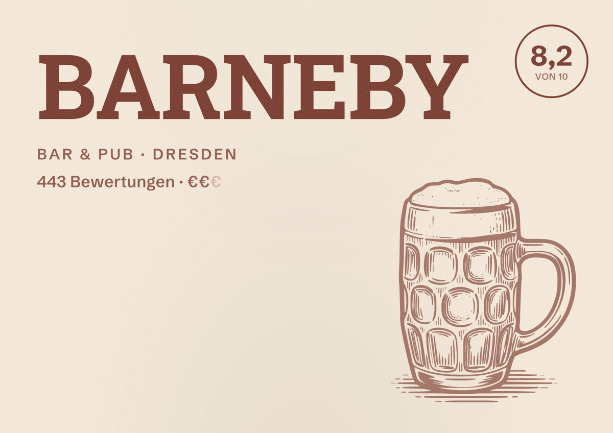 Illustriertes Poster von BARNEBY, Bar & Pub in Dresden: Bewertung 8,2 von 10 aus 443 Bewertungen, Preisniveau €€