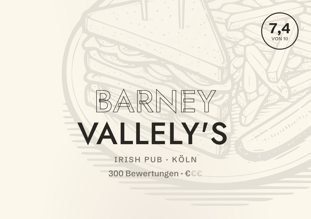 Illustriertes Poster von Barney Vallely's, Irish Pub in Köln: Bewertung 7,4 von 10 aus 300 Bewertungen, Preisniveau €