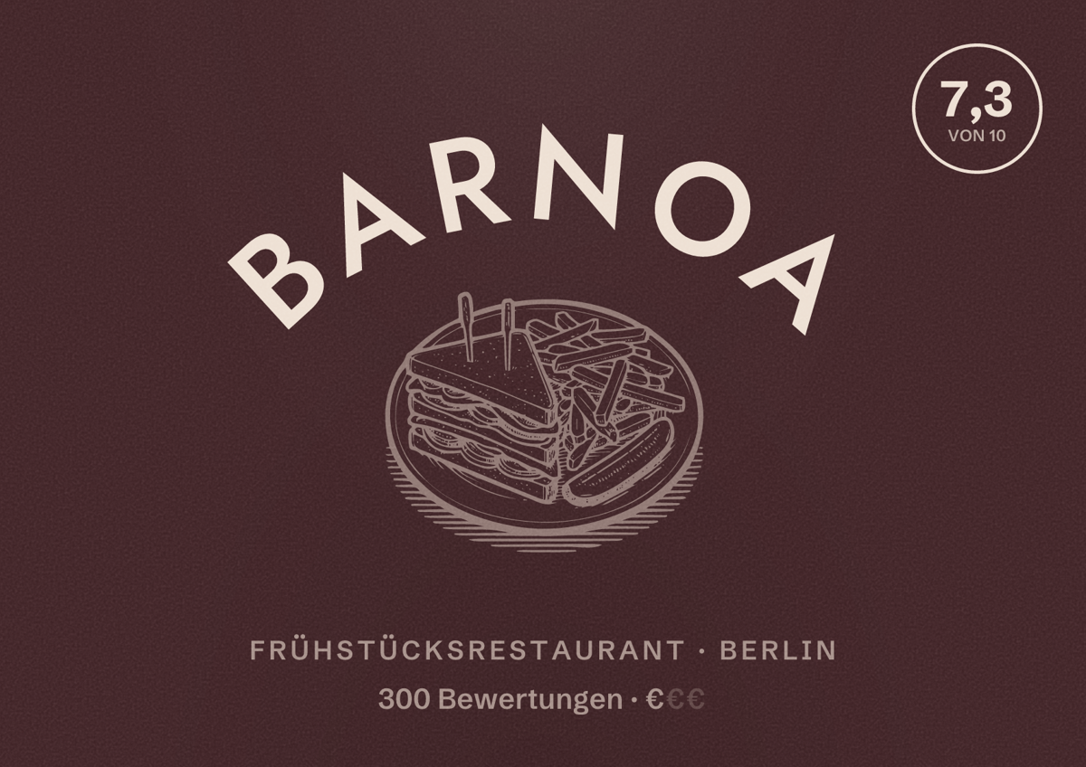 Illustriertes Poster von BARNOA, Frühstücksrestaurant in Berlin: Bewertung 7,3 von 10 aus 300 Bewertungen, Preisniveau €