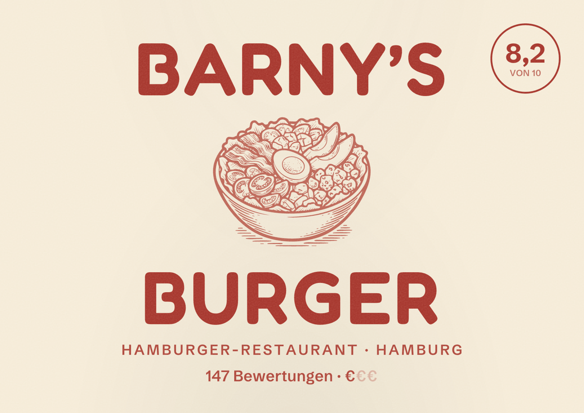 Illustriertes Poster von Barny’s Burger, Hamburger-Restaurant in Hamburg: Bewertung 8,2 von 10 aus 147 Bewertungen, Preisniveau €