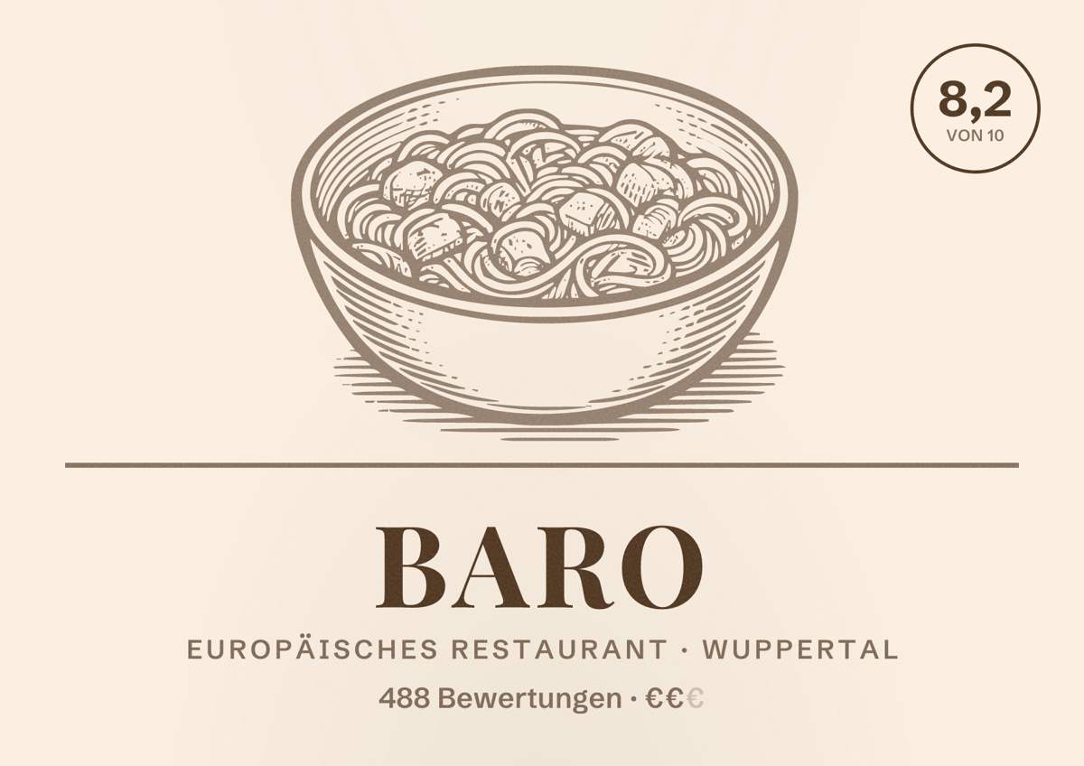 Illustriertes Poster von BARO, Europäisches Restaurant in Wuppertal: Bewertung 8,2 von 10 aus 488 Bewertungen, Preisniveau €€