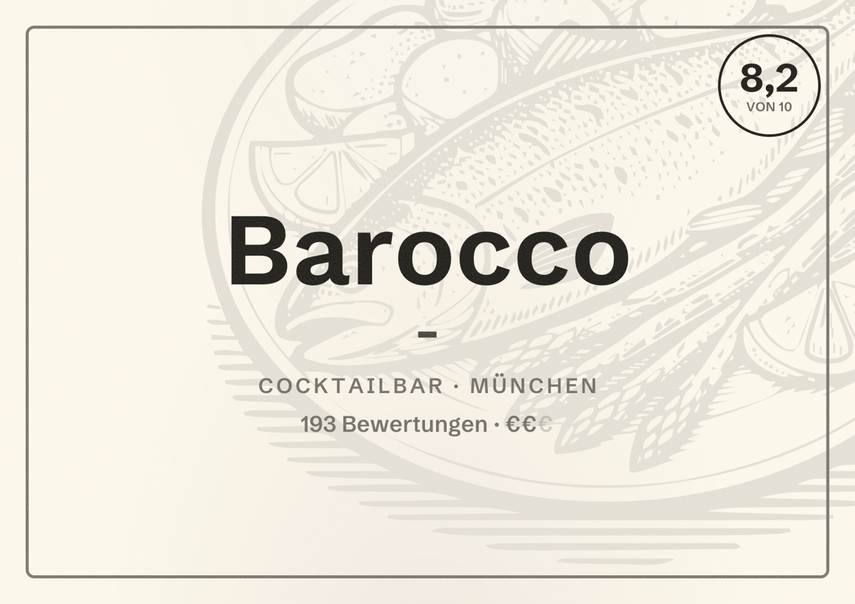 Illustriertes Poster von Barocco -, Cocktailbar in München: Bewertung 8,2 von 10 aus 193 Bewertungen, Preisniveau €€