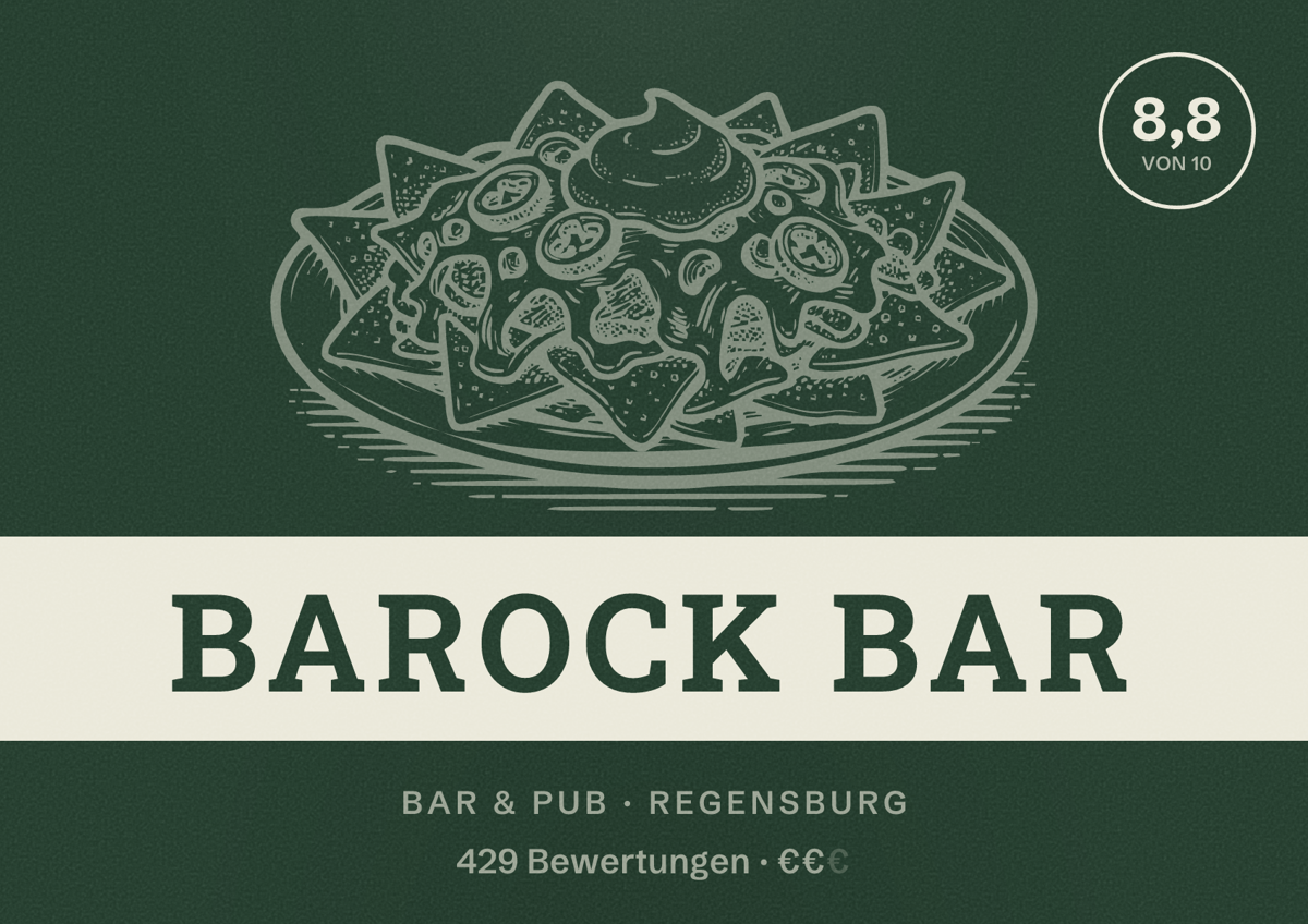 Illustriertes Poster von Barock Bar, Bar & Pub in Regensburg: Bewertung 8,8 von 10 aus 429 Bewertungen, Preisniveau €€
