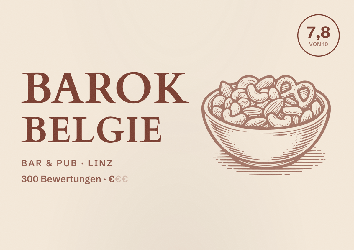Illustriertes Poster von Barok Belgie, Bar & Pub in Linz: Bewertung 7,8 von 10 aus 300 Bewertungen, Preisniveau €