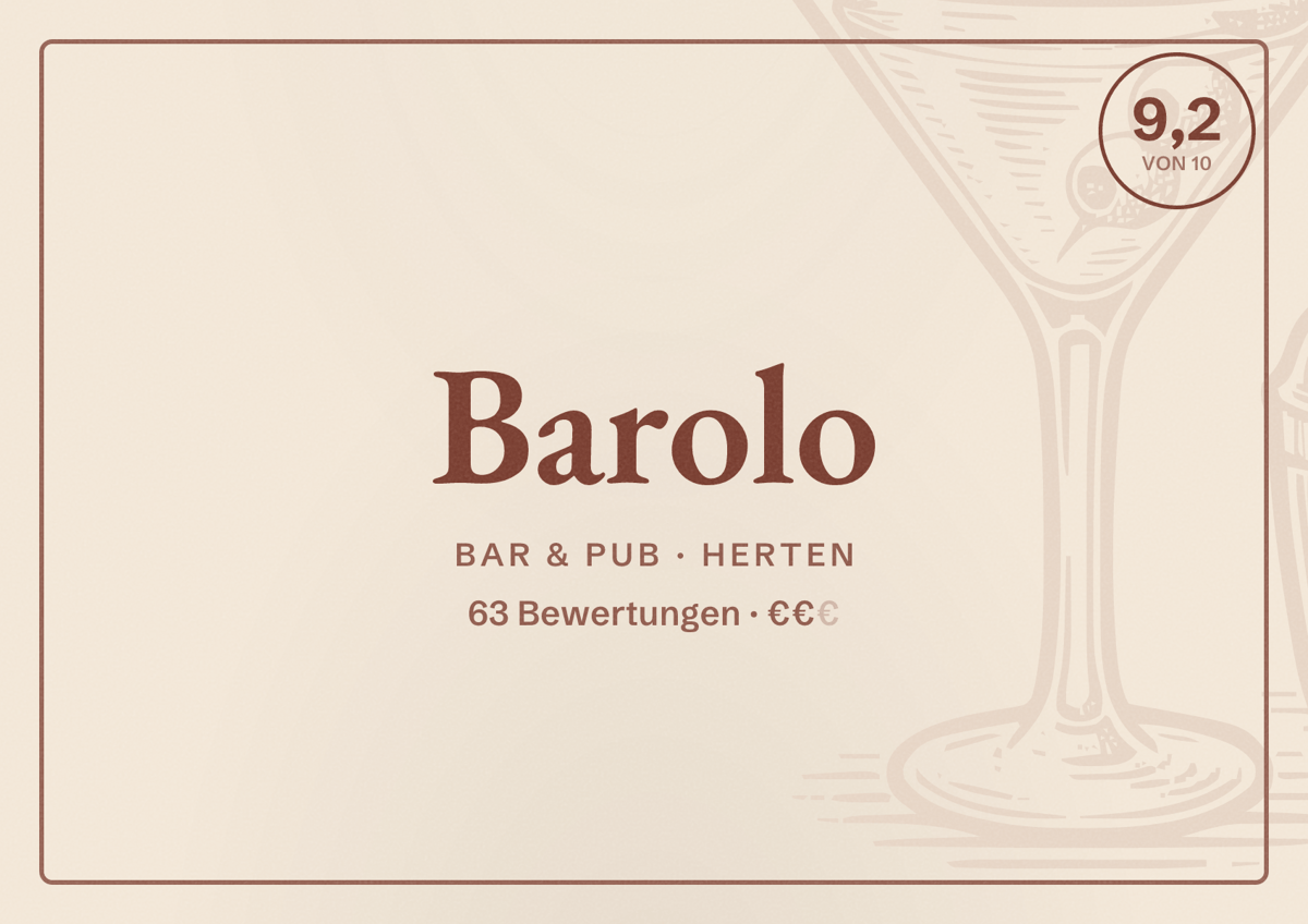 Illustriertes Poster von Barolo, Bar & Pub in Herten: Bewertung 9,2 von 10 aus 63 Bewertungen, Preisniveau €€