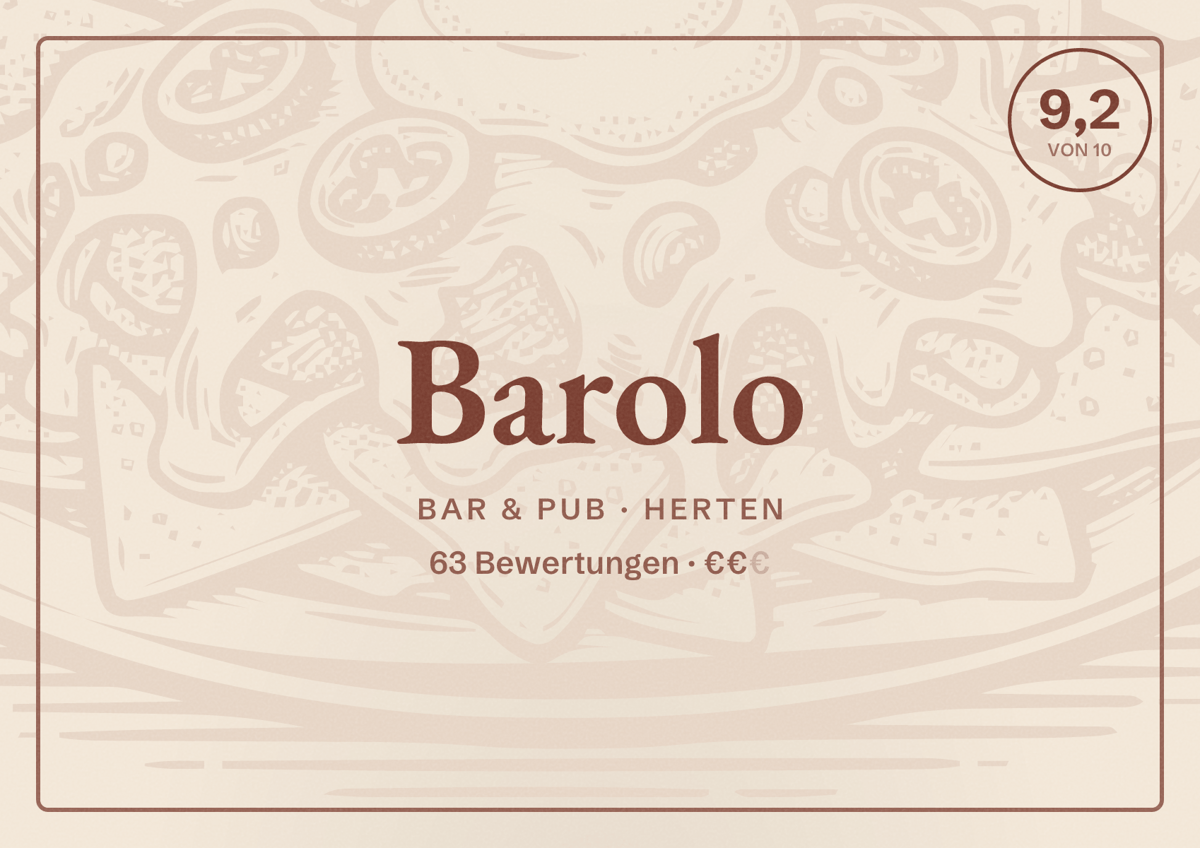 Illustriertes Poster von Barolo, Bar & Pub in Herten: Bewertung 9,2 von 10 aus 63 Bewertungen, Preisniveau €€