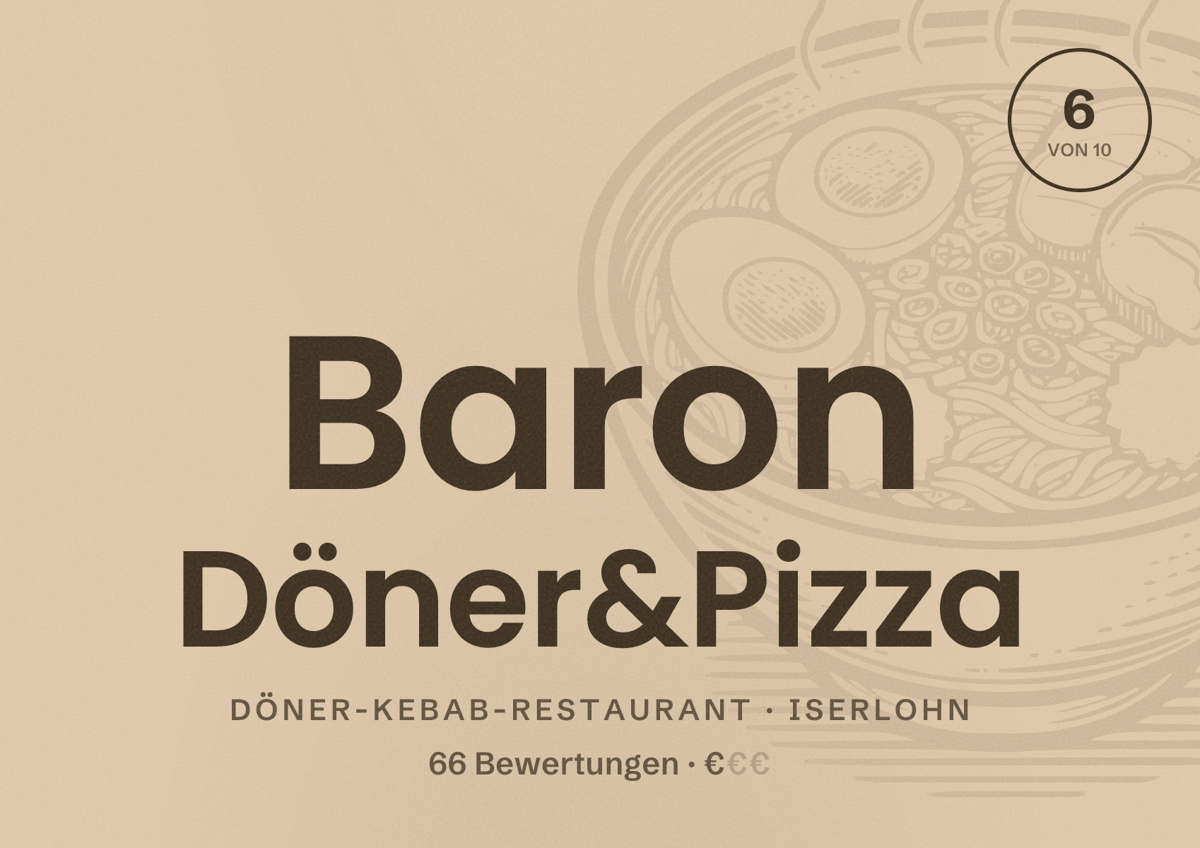 Illustriertes Poster von Baron Döner&Pizza, Döner-Kebab-Restaurant in Iserlohn: Bewertung 6 von 10 aus 66 Bewertungen, Preisniveau €