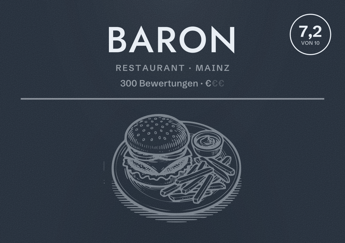 Illustriertes Poster von Baron, Restaurant in Mainz: Bewertung 7,2 von 10 aus 300 Bewertungen, Preisniveau €