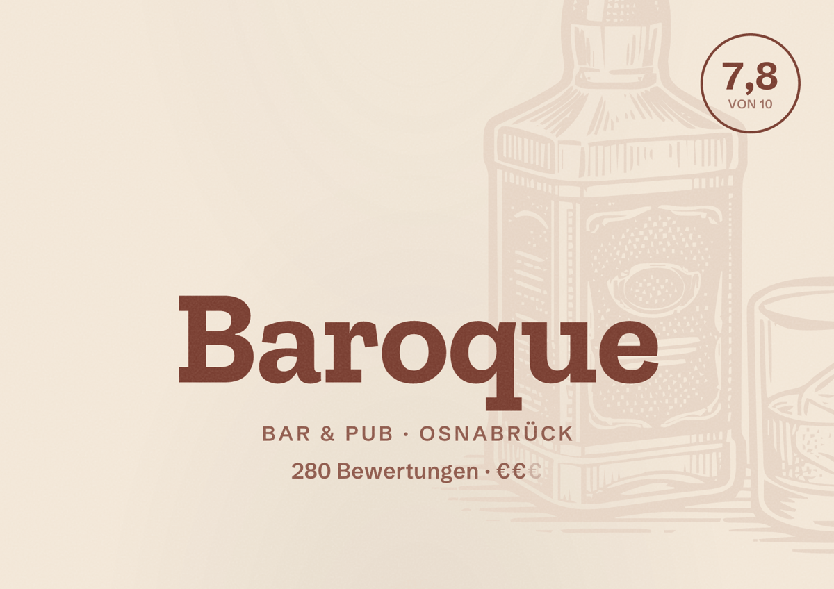 Illustriertes Poster von Baroque, Bar & Pub in Osnabrück: Bewertung 7,8 von 10 aus 280 Bewertungen, Preisniveau €€
