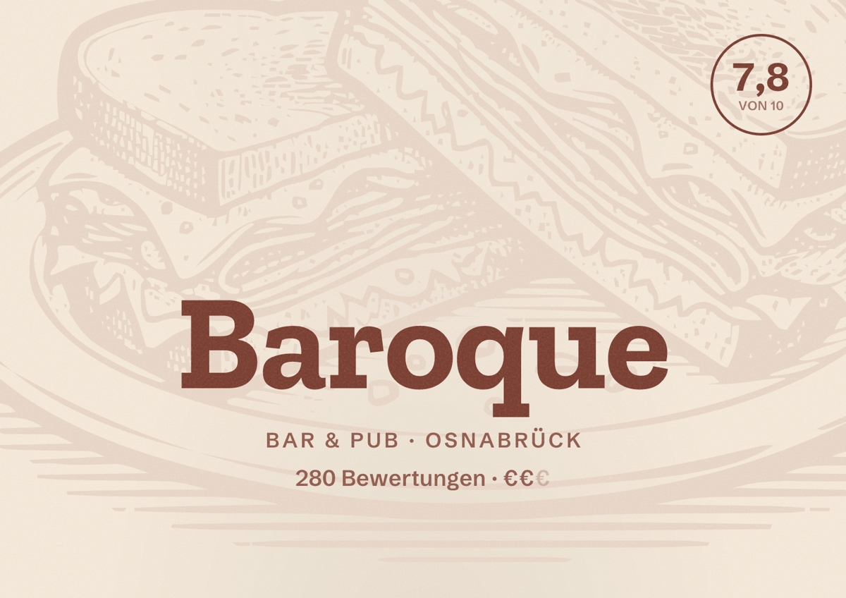 Illustriertes Poster von Baroque, Bar & Pub in Osnabrück: Bewertung 7,8 von 10 aus 280 Bewertungen, Preisniveau €€