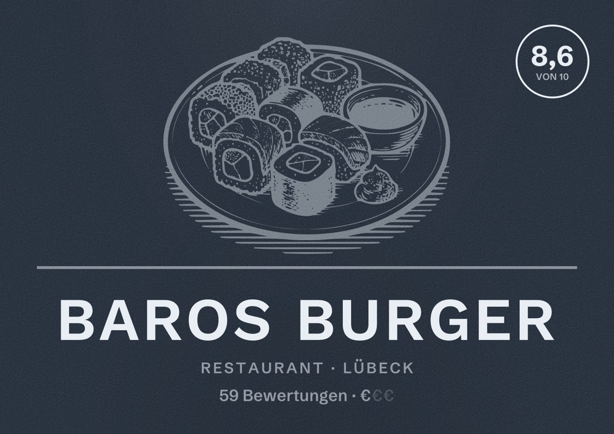 Illustriertes Poster von Baros Burger, Restaurant in Lübeck: Bewertung 8,6 von 10 aus 59 Bewertungen, Preisniveau €