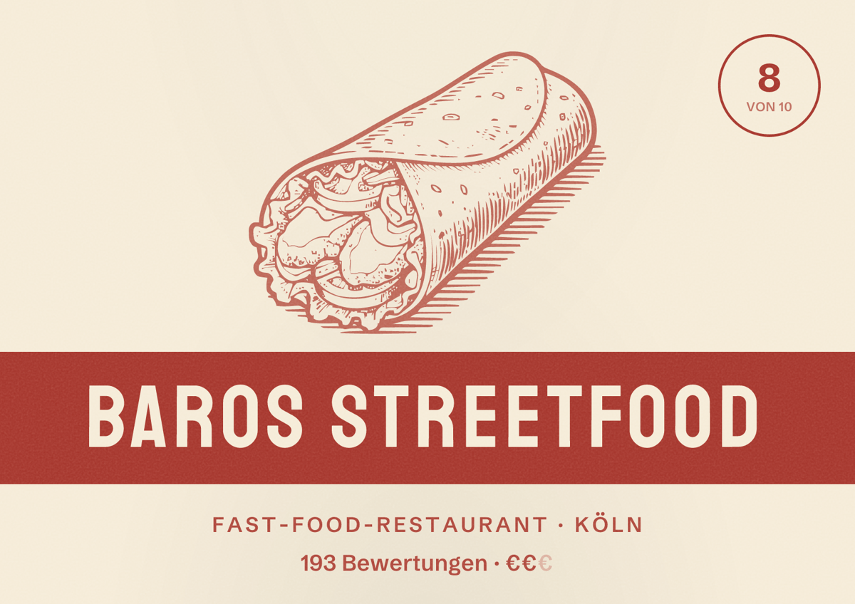 Illustriertes Poster von Baros streetfood, Fast-Food-Restaurant in Köln: Bewertung 8,0 von 10 aus 193 Bewertungen, Preisniveau €€