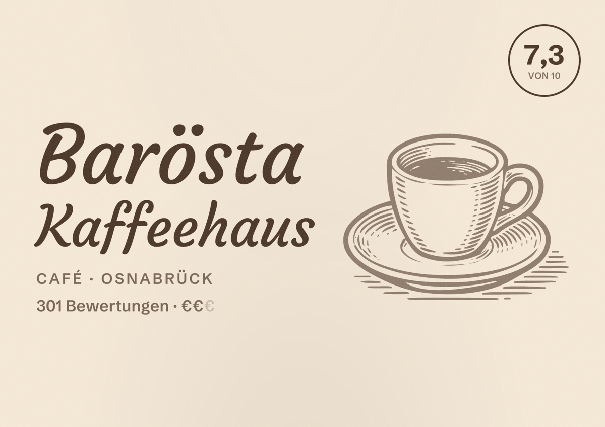 Illustriertes Poster von Barösta Kaffeehaus, Café in Osnabrück: Bewertung 7,3 von 10 aus 301 Bewertungen, Preisniveau €€