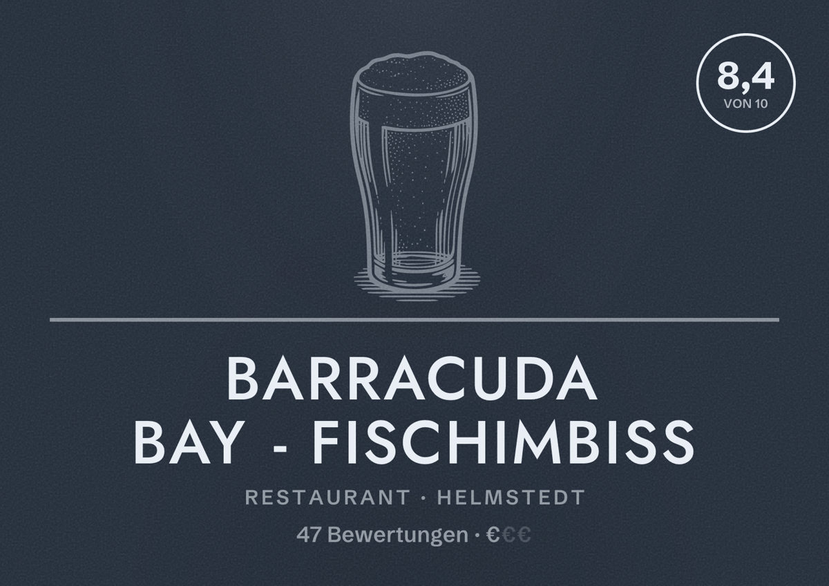 Illustriertes Poster von Barracuda Bay - Fischimbiss, Restaurant in Helmstedt: Bewertung 8,4 von 10 aus 47 Bewertungen, Preisniveau €