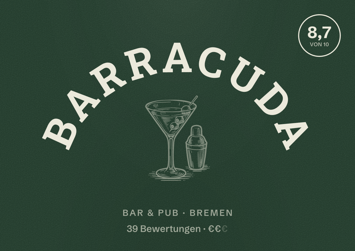 Illustriertes Poster von Barracuda, Bar & Pub in Bremen: Bewertung 8,7 von 10 aus 39 Bewertungen, Preisniveau €€