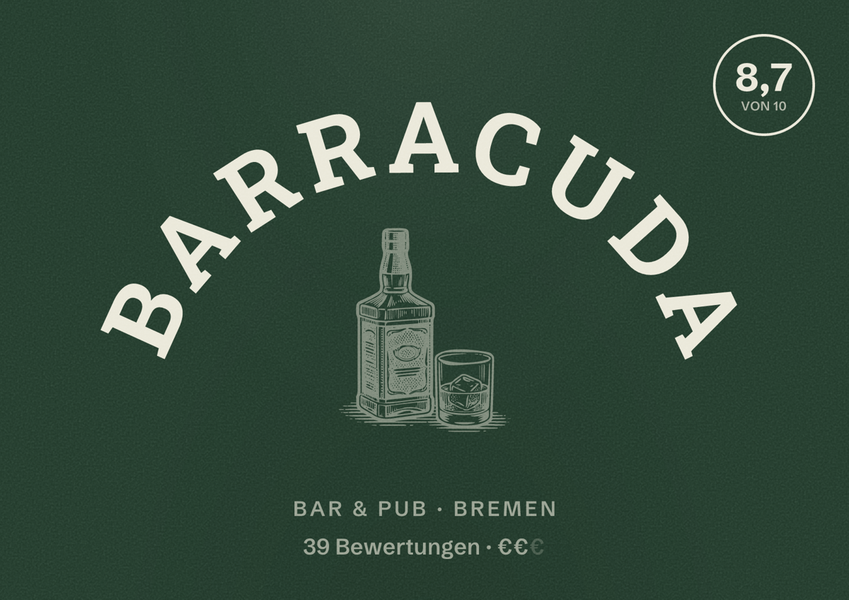 Illustriertes Poster von Barracuda, Bar & Pub in Bremen: Bewertung 8,7 von 10 aus 39 Bewertungen, Preisniveau €€
