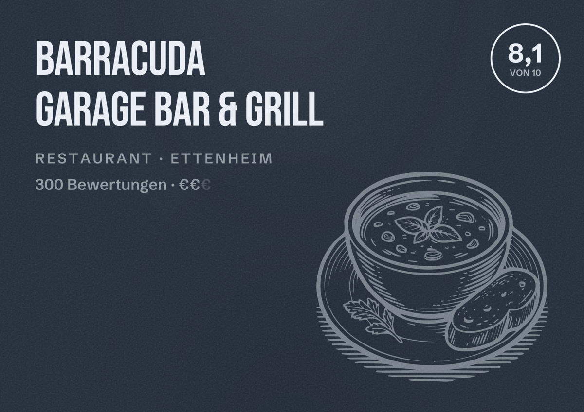 Illustriertes Poster von Barracuda Garage Bar & Grill, Restaurant in Ettenheim: Bewertung 8,1 von 10 aus 300 Bewertungen, Preisniveau €€