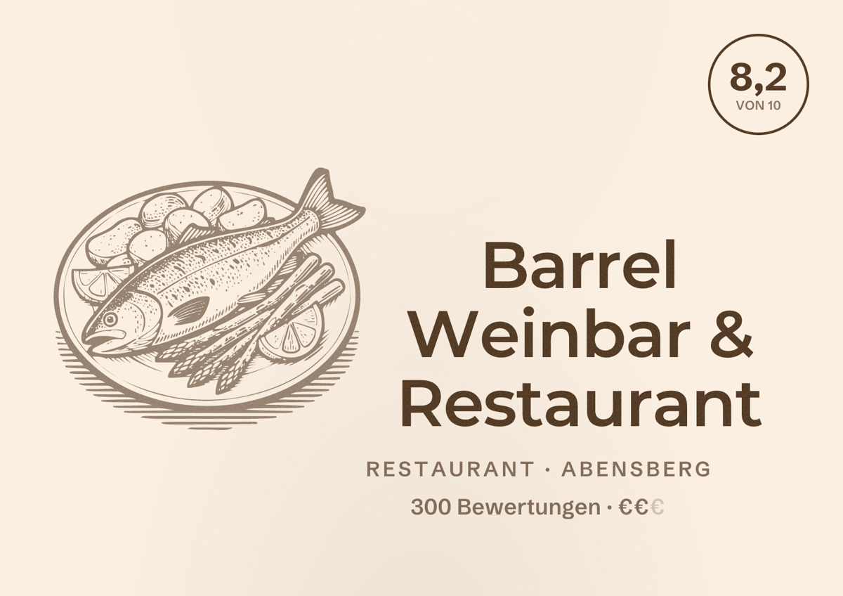 Illustriertes Poster von Barrel Weinbar & Restaurant, Restaurant in Abensberg: Bewertung 8,2 von 10 aus 300 Bewertungen, Preisniveau €€