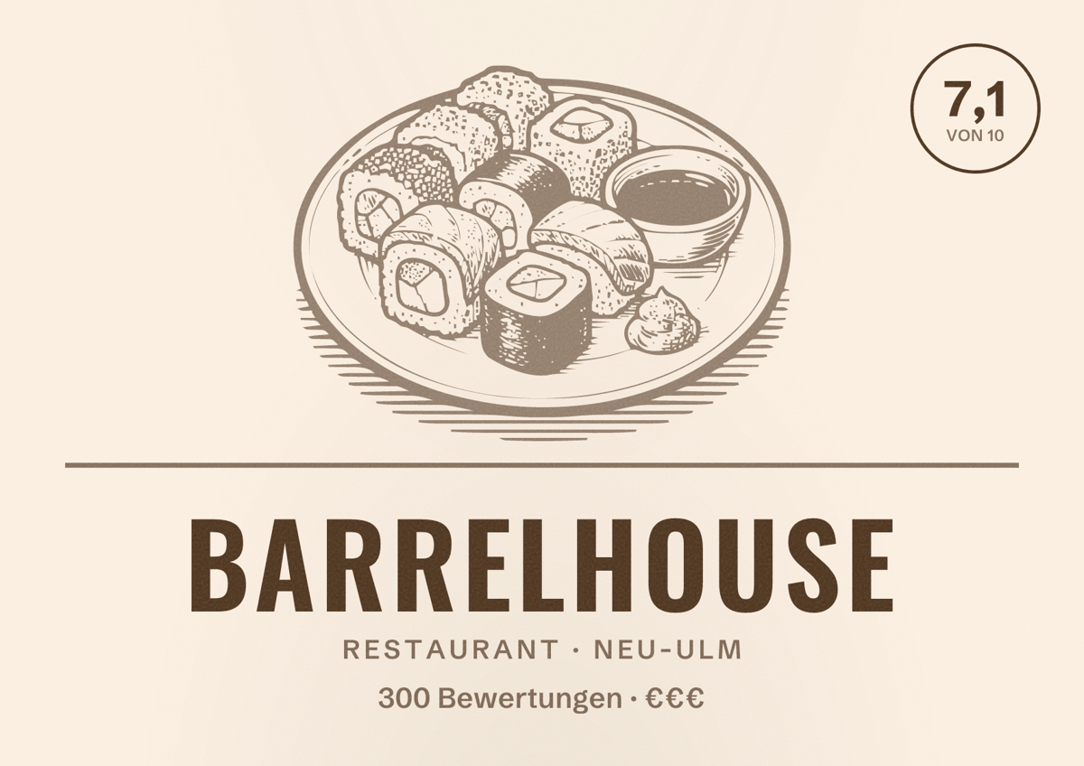 Illustriertes Poster von BarrelHouse, Restaurant in Neu-Ulm: Bewertung 7,1 von 10 aus 300 Bewertungen, Preisniveau €€€