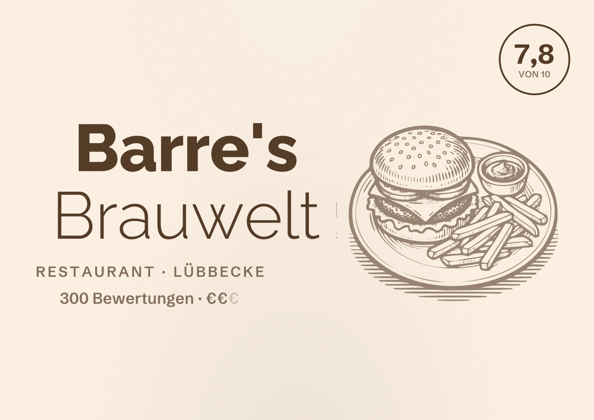 Illustriertes Poster von Barre's Brauwelt, Restaurant in Lübbecke: Bewertung 7,8 von 10 aus 300 Bewertungen, Preisniveau €€