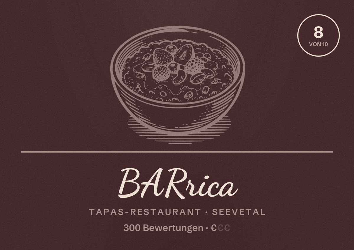 Illustriertes Poster von BARrica, Tapas-Restaurant in Seevetal: Bewertung 8 von 10 aus 300 Bewertungen, Preisniveau €