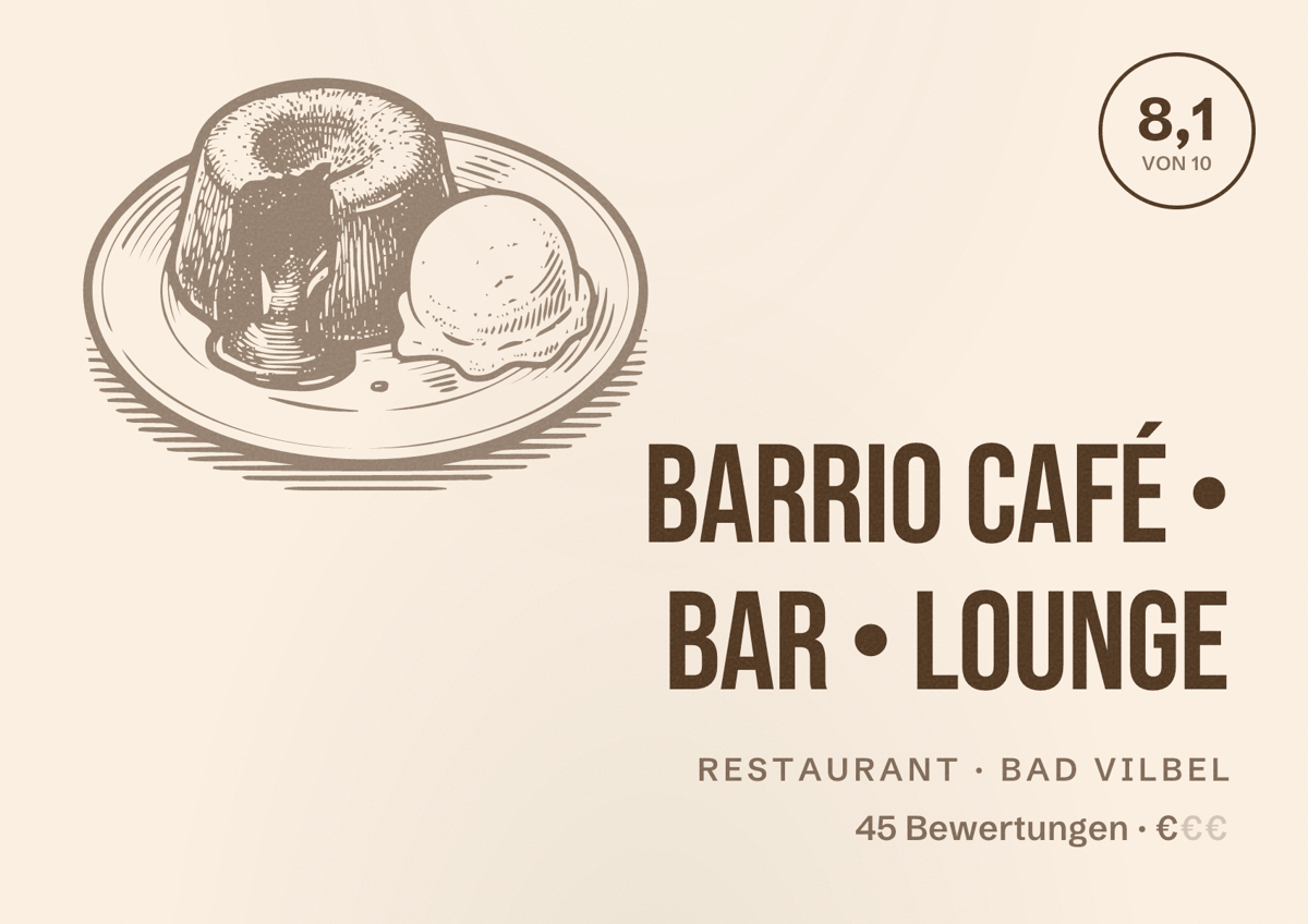 Illustriertes Poster von Barrio Café • Bar • Lounge, Restaurant in Bad Vilbel: Bewertung 8,1 von 10 aus 45 Bewertungen, Preisniveau €