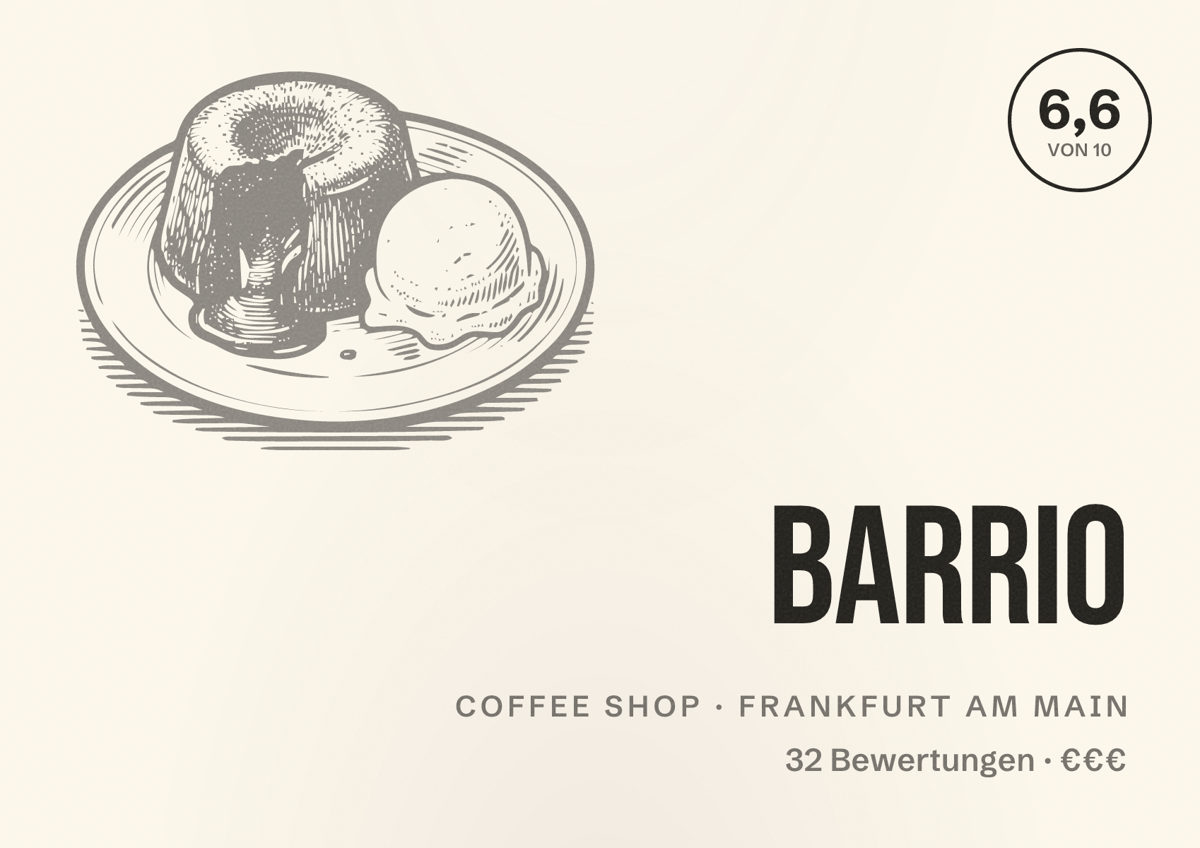 Illustriertes Poster von Barrio, Coffee Shop in Frankfurt am Main: Bewertung 6,6 von 10 aus 32 Bewertungen, Preisniveau €€€