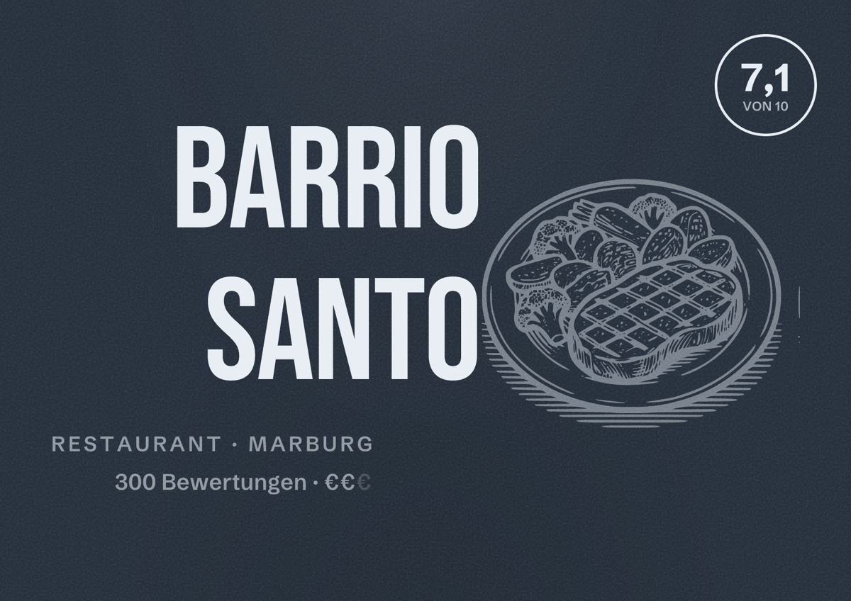 Illustriertes Poster von Barrio Santo, Restaurant in Marburg: Bewertung 7,1 von 10 aus 300 Bewertungen, Preisniveau €€