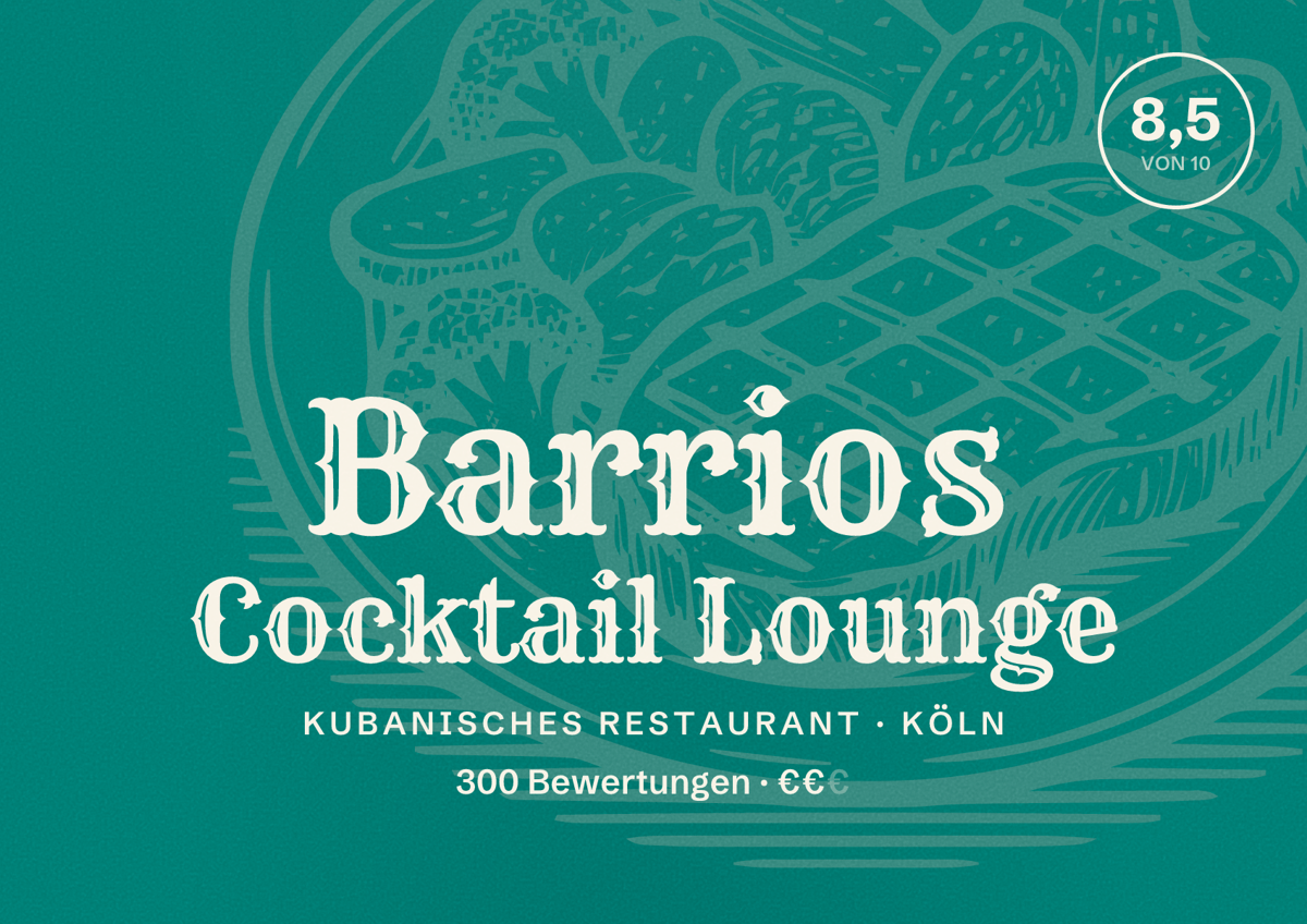 Illustriertes Poster von Barrios Cocktail Lounge, Kubanisches Restaurant in Köln: Bewertung 8,5 von 10 aus 300 Bewertungen, Preisniveau €€