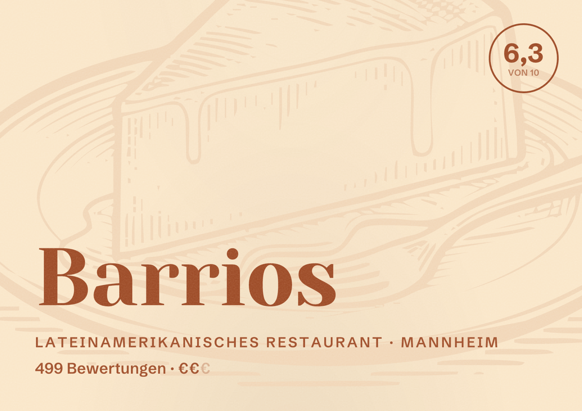 Illustriertes Poster von Barrios, Lateinamerikanisches Restaurant in Mannheim: Bewertung 6,3 von 10 aus 499 Bewertungen, Preisniveau €€