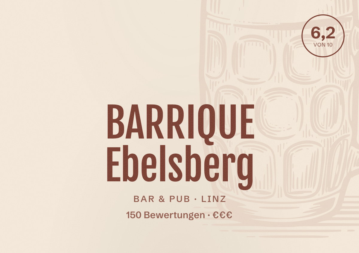 Illustriertes Poster von BARRIQUE Ebelsberg, Bar & Pub in Linz: Bewertung 6,2 von 10 aus 150 Bewertungen, Preisniveau €€€