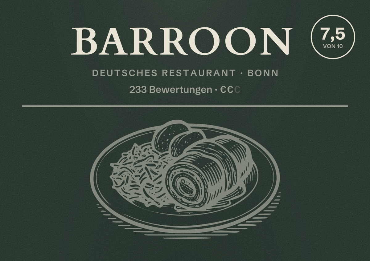 Illustriertes Poster von BarRoon, Deutsches Restaurant in Bonn: Bewertung 7,5 von 10 aus 233 Bewertungen, Preisniveau €€