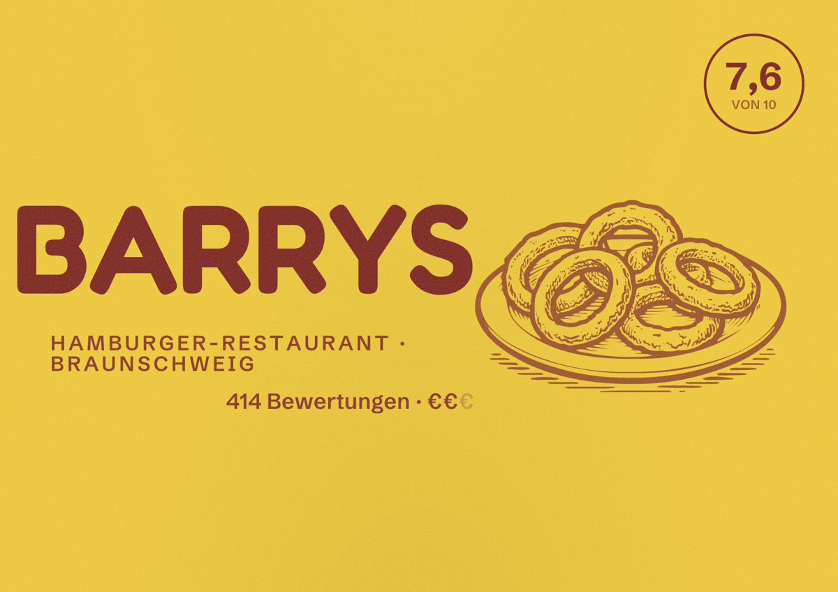 Illustriertes Poster von BARRYS, Hamburger-Restaurant in Braunschweig: Bewertung 7,6 von 10 aus 414 Bewertungen, Preisniveau €€