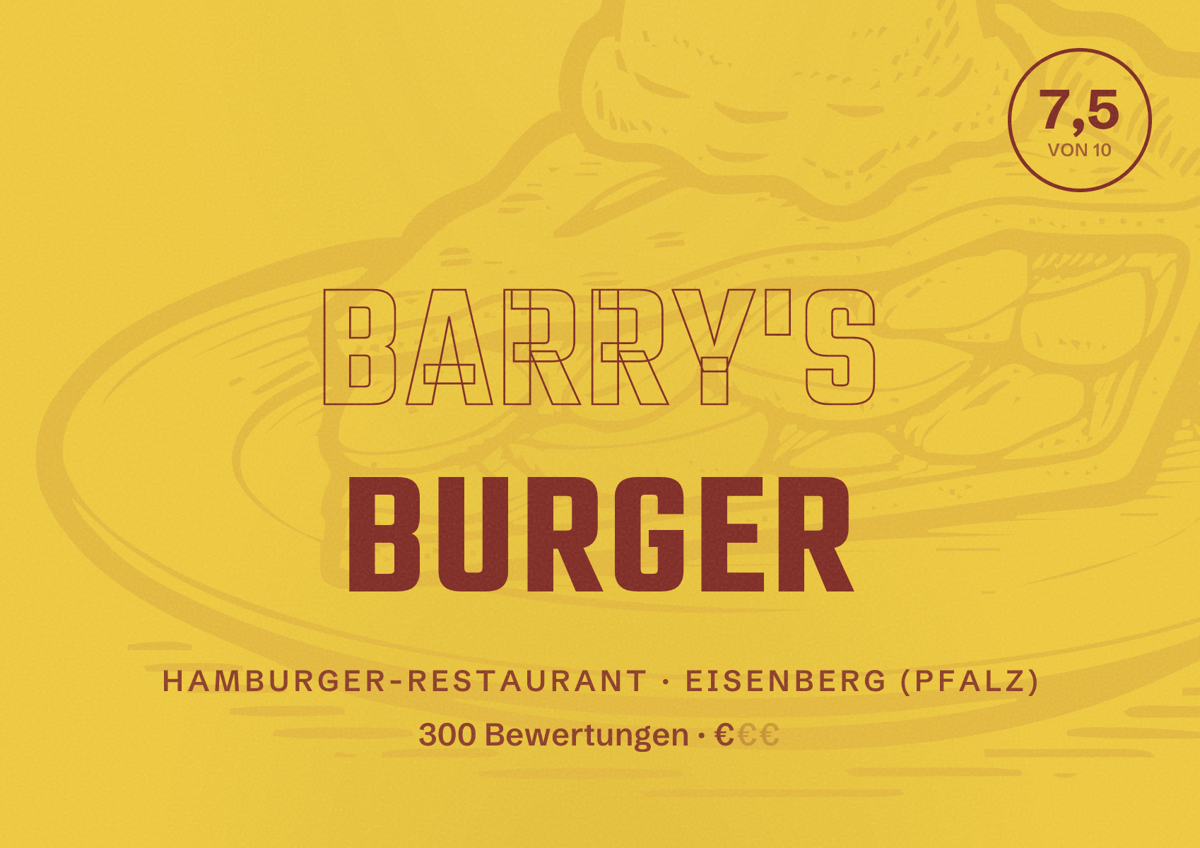 Illustriertes Poster von Barry's Burger, Hamburger-Restaurant in Eisenberg (Pfalz): Bewertung 7,5 von 10 aus 300 Bewertungen, Preisniveau €