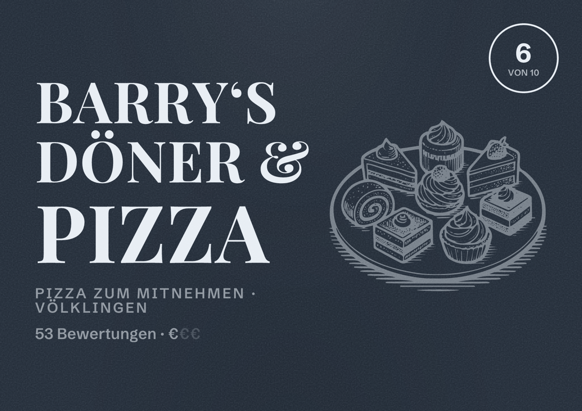 Illustriertes Poster von Barry‘s Döner & Pizza, Pizza zum Mitnehmen in Völklingen: Bewertung 6 von 10 aus 53 Bewertungen, Preisniveau €