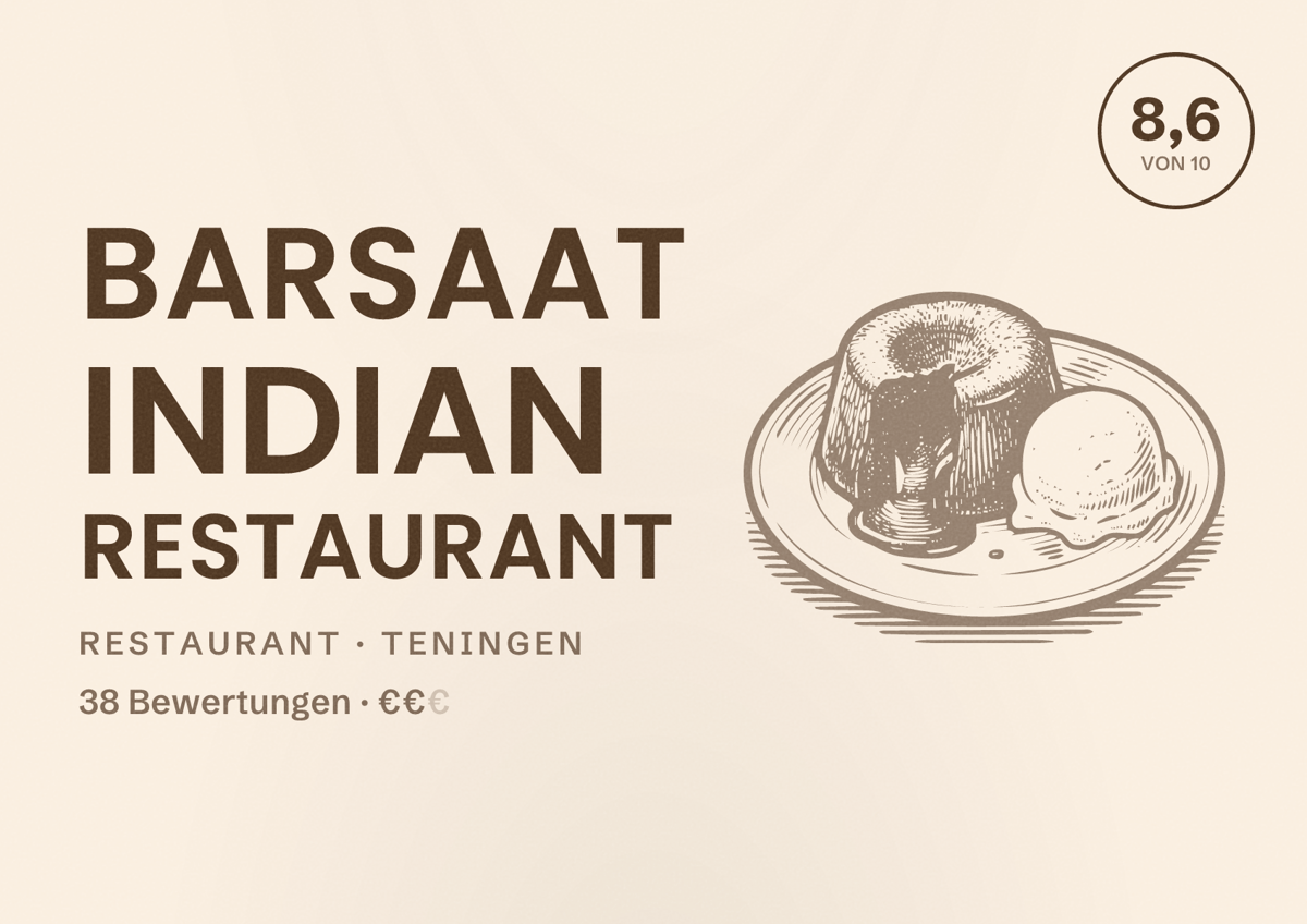 Illustriertes Poster von Barsaat Indian Restaurant, Restaurant in Teningen: Bewertung 8,6 von 10 aus 38 Bewertungen, Preisniveau €€