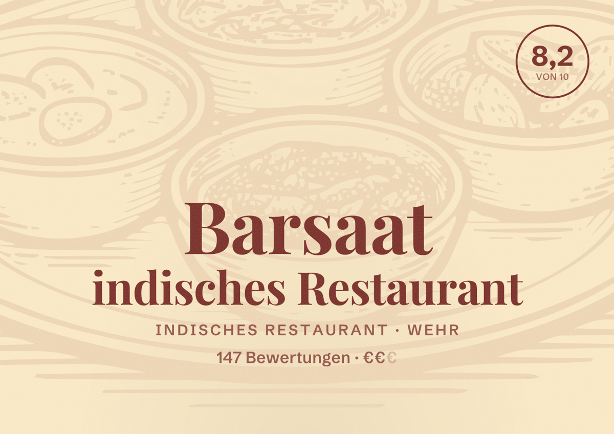 Illustriertes Poster von Barsaat indisches Restaurant, Indisches Restaurant in Wehr: Bewertung 8,2 von 10 aus 147 Bewertungen, Preisniveau €€